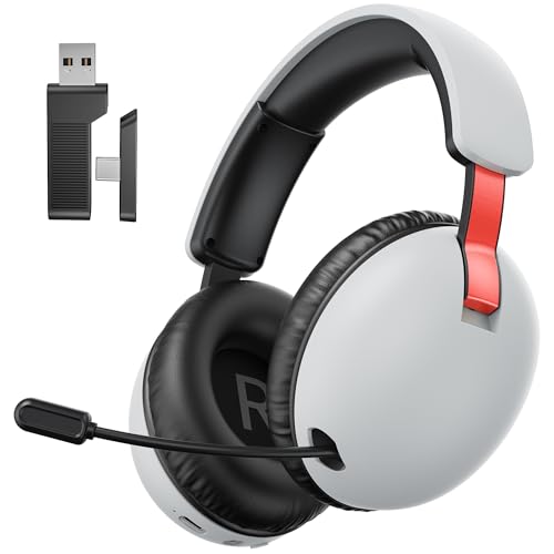 Wireless Gaming Headset with Mic for PC PS4 PS5,2.4GHz/Bluetooth Gamer Headphones with Noise Canceling Microphone (White Red)