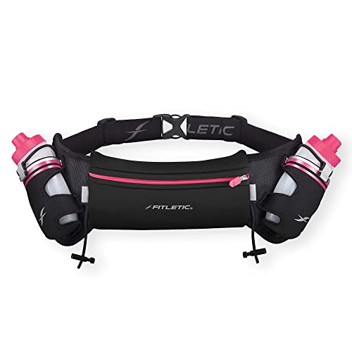 Fitletic Hydration Running Belt with Water Bottles for Men & Women – 2 Quick Flow 8oz Running Water Bottles, Patented Bounce Free Design, Water Resistant Pouch Fits All Phones – Hydra 16 - size: S/M (24"-34"), style: Black & Pink