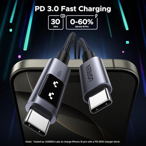 UGREEN Uno USB C Cable 100W with LED Display, Fast Charging, 6.6ft, Black - color: Black, size: 6.6 FT