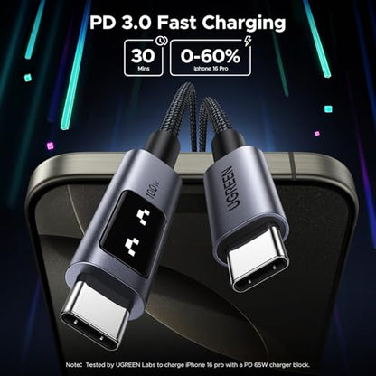 UGREEN Uno USB C Cable 100W with LED Display, Fast Charging, 6.6ft, Black - color: Black, size: 6.6 FT