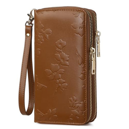 yiijay Womens Wallet RFID Blocking Large Capacity Vegan Leather Double Zip Wristlet Wallet Card Holder Travel Ladies Clutch - color: Brown
