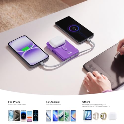 Q Magnetic Wireless Portable Charger 10,000mAh, Travel Essentials Power Bank with Built-in Cables & Foldable Stand, External Battery Pack Compatible with iPhone 17/16/15/14/13/12, Apple Watch - color: Purple