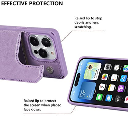 iCoverCase Compatible with iPhone 14 Pro Wallet Phone Case with Card Holder for Women, RFID Blocking Embossed PU Leather Wrist Strap Case 6.1 Inch (Macaron Purple) - color: P-Purple