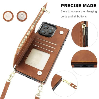 Bocasal Crossbody Wallet Case with Strap for iPhone 16 Pro Max, Brown | RFID Blocking Card Slot Holder, Magnetic Flip Folio Purse Case, PU Leather Zipper Handbag Detachable Lanyard Strap 6.9 Inch - color: Brown