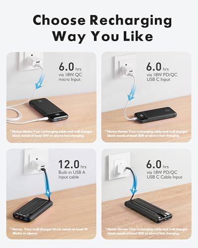 charmast Portable Charger Built-in Cables, 20000mAh Power Bank 6-Output | Travel Fast Charging Battery Pack for iPhone 17/16/15 Samsung Android, Flight-Approved, Multi-Device, USB-C & USB-A, LED % - color: Black