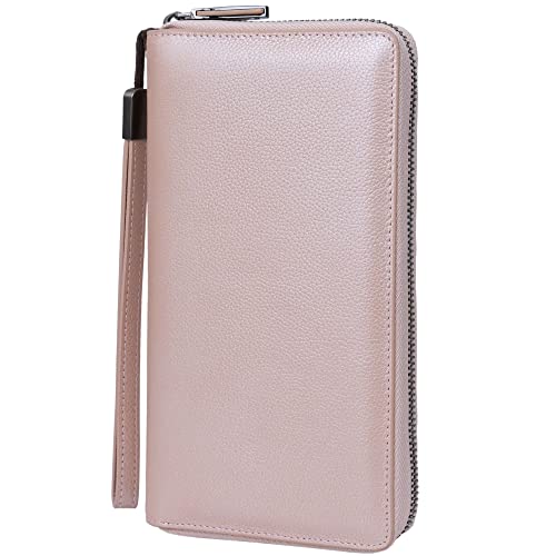 Bveyzi Women RFID Blocking Wallet Leather Zip Around Phone Clutch Large Capacity Ladies Travel Purse Wristlet - color: Rose Gold