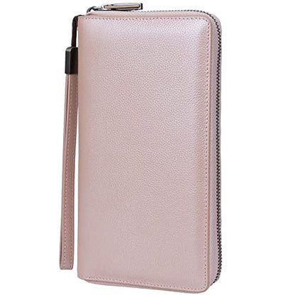Bveyzi Women RFID Blocking Wallet Leather Zip Around Phone Clutch Large Capacity Ladies Travel Purse Wristlet - color: Rose Gold