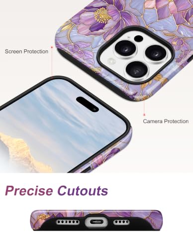 Magnetic Flower Phone Case for iPhone 15, Purple | Compatible with MagSafe, Cute Stained Glass Lotus Floral Aesthetic, TPU and PC Protective Phone Cover for Women Girls - color: Purple
