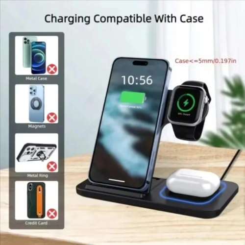 3 in 1 Wireless Charger for Apple Watch Ultra 10 9 8 AirPods Pro iPhone 17 16 15 14 15W Fast Charging Stand Dual Coil (Black)