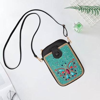 Women's Small Crossbody Cell Phone Bag, Boho Colorful Beaded Purse Wallet with Handmade Cute Patterns - color: Butterfly-blue