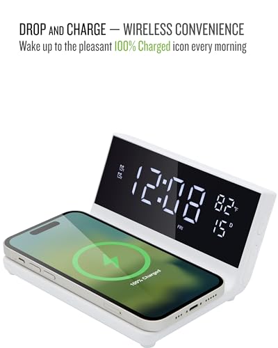 Soundfreaq Charge Rise II, SFQ-20: Digital Alarm Clock, with Fast USB Charger and Wireless Charger (White, Home) - color: White