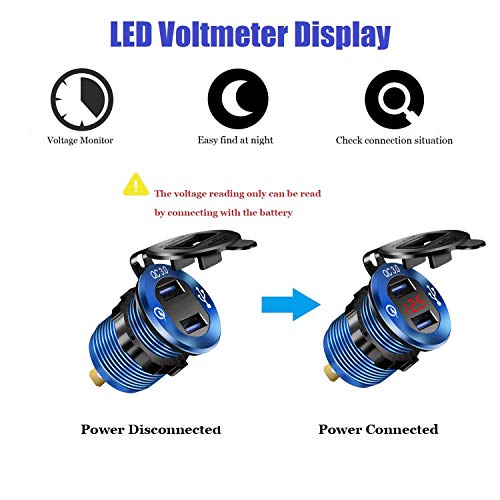 iMESTOU Aluminium Quick Charge 3.0 Marine Dual USB Phone Charger Adapter Waterproof Car USB Socket Outlet DIY Kit with Voltmeter 10A Fuse for 12V/24V Motorcycle Automotive Boat Bus Truck ATV UTV RV