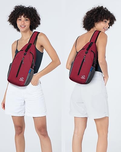 WATERFLY Crossbody Sling Backpack Sling Bag Travel Hiking Chest Bag Daypack | Small Hiking bag,Multi-compartment storage,Water-resistant,Breathable back pad,Reversible adjustable shoulder strap - color: Dark Red
