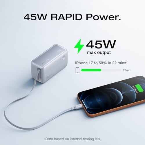 EF ECOFLOW Rapid 45W Power Bank 10000mAh Portable Charger with Built-in USB C 2.3ft Cable and USB C&A Port Travel Essential Battery Bank with Digital Display for iPhone 17/16 Series, Galaxy, ipad - color: Blue