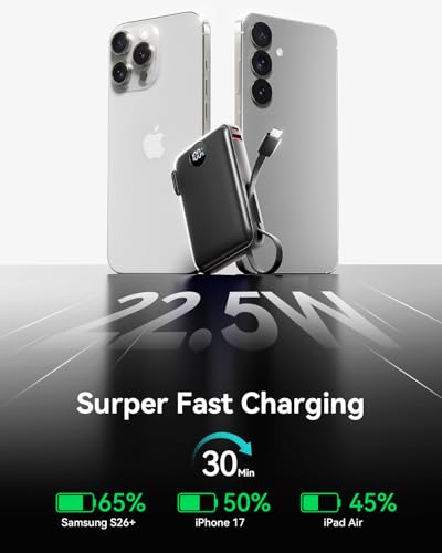 Portable Charger Power Bank 10000mAh, 45% Smaller Built-in Cables & AC Plug - color: Black