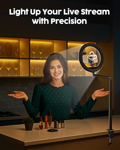 Vimose 10.2" Ring Light Overhead Phone Mount- Selfie Ring Light with Stand and Phone Holder, 360° Rotate Flexible Arm Clamp Desk Lamp for Photography