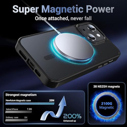 Newfuture Magnetic for iPhone 13/iPhone 14 Case Matte Shockproof, Black | Military Drop Protection, Slim Matte Anti-Fingerprint, Compatible with Magsafe, Camera Guard, Translucent Protective Cover - color: Black, size: iPhone 13/iPhone 14 6.1inch