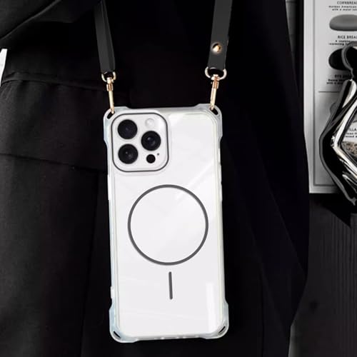 Magnetic for iPhone Air Crossbody Phone Case,Clear/Black,Clear Magnetic Soft Frame PC Back Shockproof Protective Phone Cover with Adjustable Detachable Lanyard,Compatible with MagSafe - color: Clear/Black, size: iPhone Air