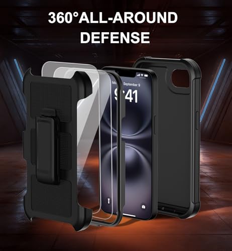 for iPhone 16e Case with Belt Clip Holster,iPhone 17e Case w/Screen Protector X2,Heavy Duty Shockproof Drop Protection Military Grade 2-Layers Rugged Durable Phone Cover for Apple 16e 17e (Black) - color: w-Black