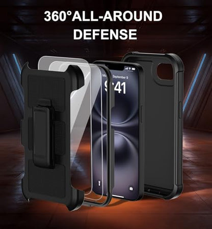 for iPhone 16e Case with Belt Clip Holster,iPhone 17e Case w/Screen Protector X2,Heavy Duty Shockproof Drop Protection Military Grade 2-Layers Rugged Durable Phone Cover for Apple 16e 17e (Black) - color: w-Black
