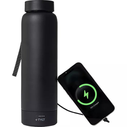 TYLT Power Bottle 2.0 24oz Stainless Steel Wide Mouth Water Bottle Removable 5700mAh Magnetic Portable Power Bank Dishwasher Safe Cup Holder Compatible Lanyard Handle Black