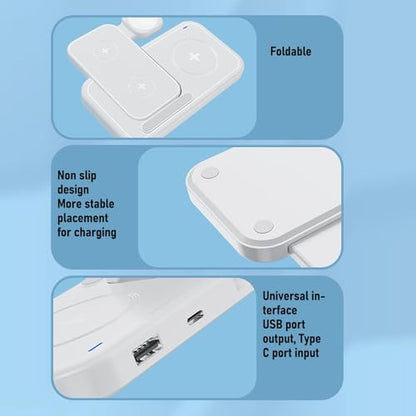 Foldable 4 in 1 Wireless Charging Station 15W, Phone Charger Stand for Desk with Watch & Earbuds Dock, Portable Fast Charger for Travel