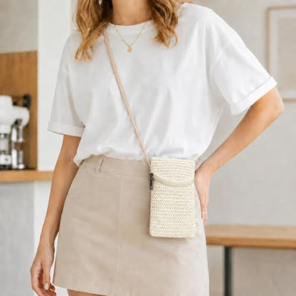 Small Crossbody Women Cell Phone Purse Wallet Bag With Shoulder Strap - color: Beige/Straw