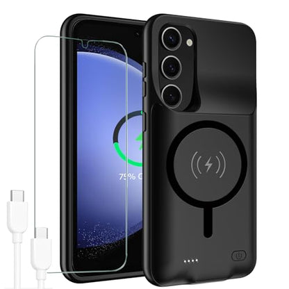 Battery Case for Galaxy S23,[10000mAh] High Capacity Rechargeable Portable Protective Extended Charger Cover Compatible with Galaxy S23 (6.1 inch) Wireless Charging Case with Screen Protector-Black - size: Galaxy S23