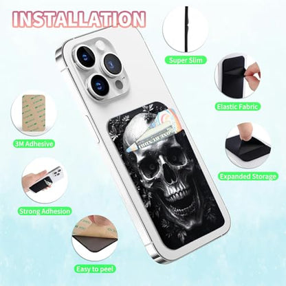 Phone Credit Card Holder Stick on, Cell Phone Pocket Self Adhesive Stretchy Stick on Wallet ID Credit Card Case Pouch Sleeve with Flap for All Smartphones, Dark Skull - color: Dark Skull