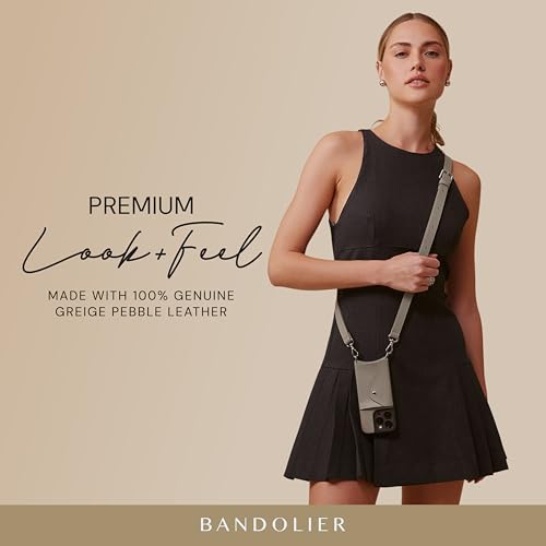 Bandolier Hailey Leather Crossbody Phone Case iPhone 15 Pro Max- Greige | Crossbody leather phone case. Built-in wallet w/ snap-closure. Adjustable & removable leather strap. Phone drop protection. - color: Greige/Silver, size: iPhone 15 Pro Max