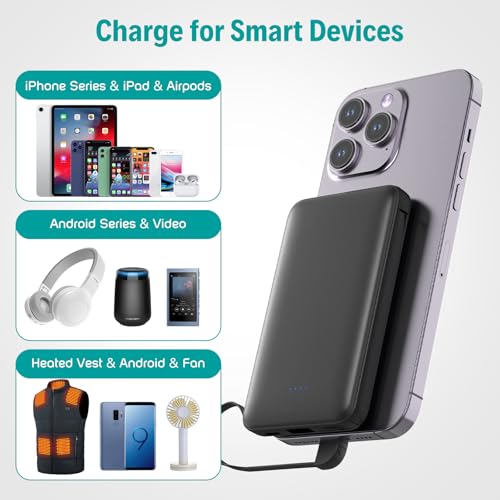 Sethruki Smallest Portable Charger with Built-in Cables 5000mAh,Ultra Slim Power Bank,Mini High Speed External Battery Packs,Lightweight USB C Phone Charger for iPhone Samsung Google Android (Black) - color: black
