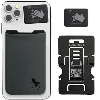 Phone Wallet - Adhesive Card Holder - Cell Phone Pouch - Stick on Lycra Pocket by Gecko - Carry Credit Cards and Cash - color: GRAY BLACK