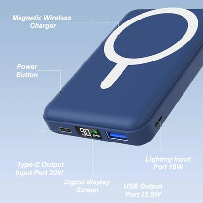 AOGUERBE Magnetic Power Bank, 10000mAh Wireless Portable Charger with Stand - color: Dark Blue
