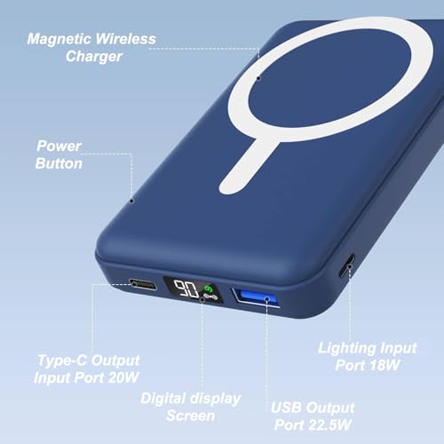 AOGUERBE Magnetic Power Bank, 10000mAh Wireless Portable Charger with Stand - color: Dark Blue