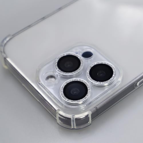 BONVAN for iPhone 15 Pro / 15 Pro Max / 14 Pro / 14 Pro Max Camera Lens Protector Bling Glitter Metal Crystal Tempered Glass Screen Accessories Lens Cover (Silver) - color: Silver