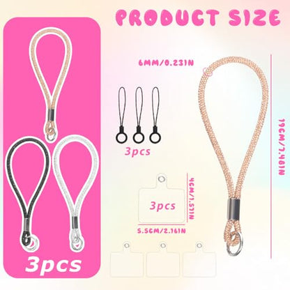 3 Pcs Bling Rhinestone Phone Wrist Strap Full Diamond Pendant Wrist Strap Bling Keychain Wristlet Lanyard for Women Phone Charms Case Straps with Tether Tab and Pad (Champagne, Silver, Black 7.48 In)