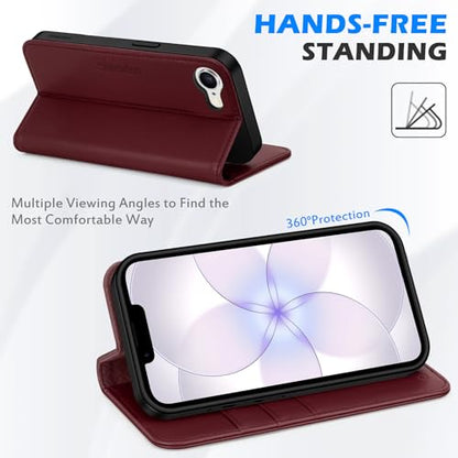 SHIELDON Genuine Leather Case Wallet for iPhone 17e/16e 6.1", Wine Red | Flip Magnetic Cover, RFID Blocking, Credit Card Slot, Kickstand, Book Design, Soft Shockproof Phone Shell - color: Wine Red