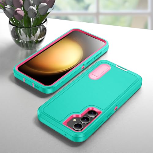 for Samsung Galaxy S23 FE Case with Kickstand Case 3-Layer Military Grade Protective Case Cover Silicone Heavy Duty Rugged Shockproof for Galaxy S23 FE Phone Case (Cyan+Rose Red) - color: Cyan+Rose Red