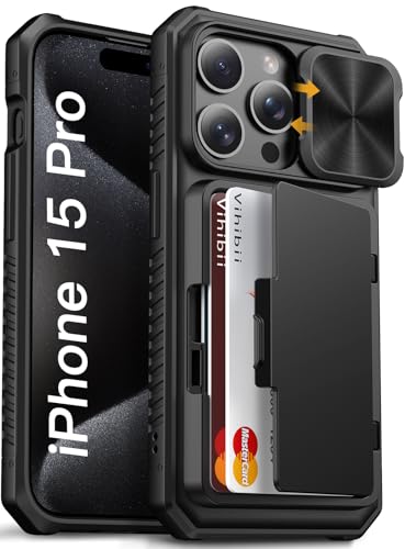 Vihibii for iPhone 15 Pro Case Wallet with Card Holder (4 Cards), Black | Slide Camera Cover, Kickstand, Military Grade Drop Protection, Rugged Hard Back, Silicone Edge Wallet Phone Case, 2023, Black - color: Black, size: iPhone 15 Pro