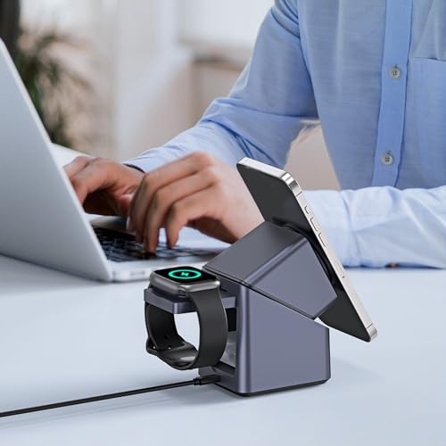 LICAEVEY 4 in 1 Wireless Charging Station, 15W Fast Magnetic Electronics Charger Stand with 180 Degree Rotation Clock Display for Phone Air 17 16 15 14 Series Smartwatch Earbuds