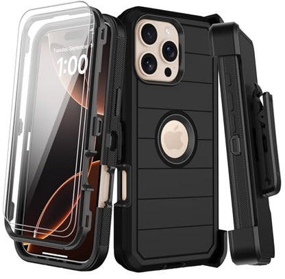 for iPhone 16 Pro Case with Belt Clip Holster,2X Screen Protectors,Heavy Duty Shockproof Drop Protection Military Grade 3 Layers Full Covered Rugged Durable Phone Cover with Kickstand 6.3“ (Black) - color: Black w Clip