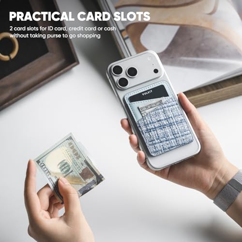 VULKIT Phone Card Holder Wallet Leather Adhesive Pocket RFID Blocking Credit Card Sleeves Stick Back of Phone Smartphones - color: Tweed Blue