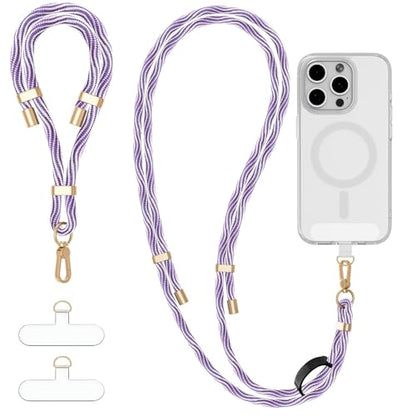 4-IN-1 Phone Lanyard Crossbody & Wrist Strap Kit with 2 Pack Tabs - color: Purple White