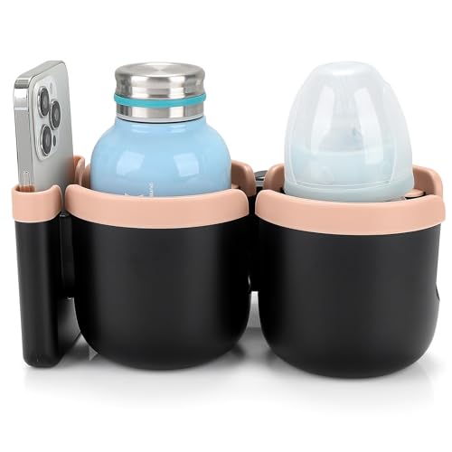 Accmor Stroller Cup Holder with Phone Holder, Bike Cup Holder, Universal Cup Holder for Uppababy Nuna Strollers, 2-in-1 Drinks Holder for Walker, Wheelchair, Scooter - color: Double Holder-Pink