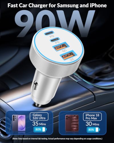 iPhone 18 17 16 Car Charger Fast Charging, 90W 4Port USB C Fast Car Charger - color: White