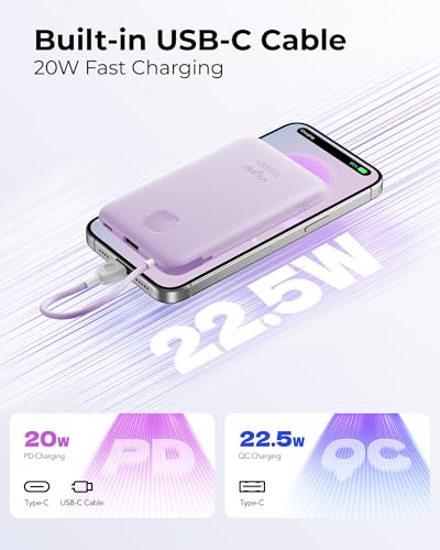 VIYISI Ultra Slim Portable Charger Small 10000mah with Built-in USB C Cable - color: Purple