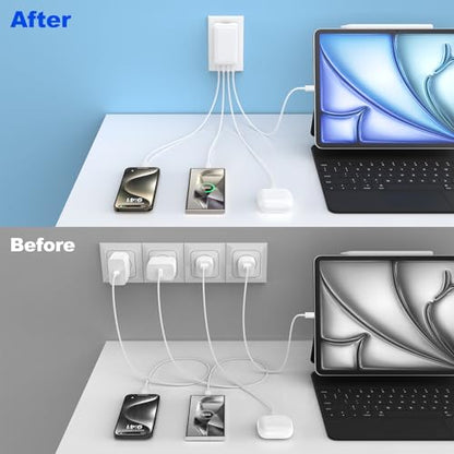 Flat USB Wall Charger, Excgood 40W 4Port USB and USB C Fast Charging Block - color: White