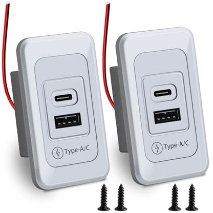 2 Pack RV USB Outlet 12V-24V Wall Mount, Dual USB Charger, USB-A & USB-C Output 5V 1.5A, Automotive USB Outlet Socket Adapter for RV Marine Boat Bus ATV Motorcycle Truck(Silver) - color: Silver