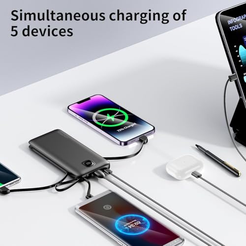 Portable Charger 10000mAh 22.5W Power Bank,Built-in 3 Cables & AC Wall Plug - color: Space Black