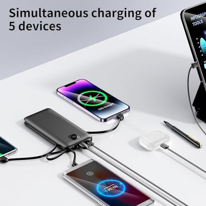 Portable Charger 10000mAh 22.5W Power Bank,Built-in 3 Cables & AC Wall Plug - color: Space Black